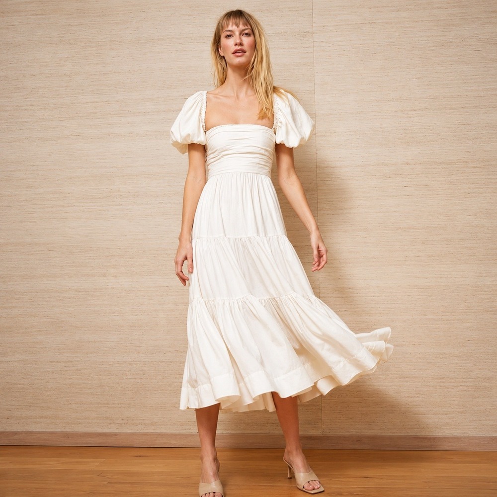 LA LIGNE Ivory Sofia Midi Dress Convertible Puff Sleeve Strapless Linen Size XL